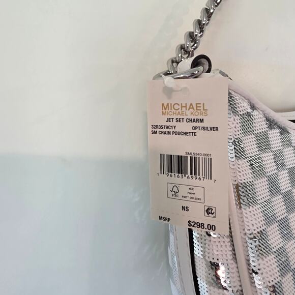 Michael Kors Jet Set Charm Checkered Sequins Pouchette Shoulder Bag  Silver NEW - Picture 6 of 6